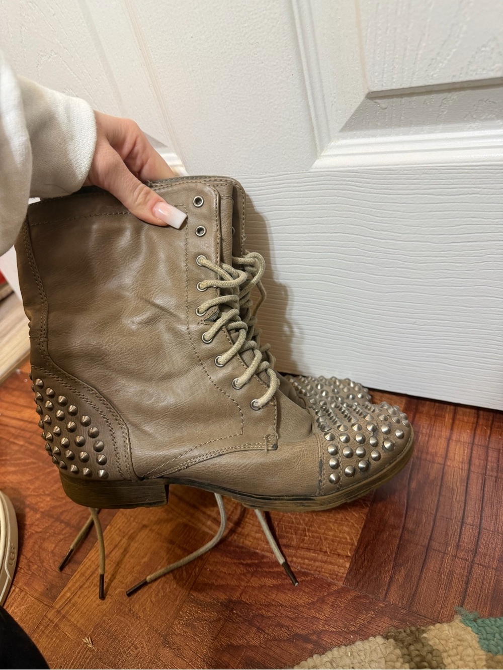 Studded Lace-Up Combat Boots in Taupe